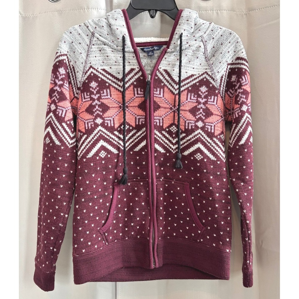 American Eagle Womens Hoodie Jacket Fair Isle Sherpa Lined Small Full Zip 19801